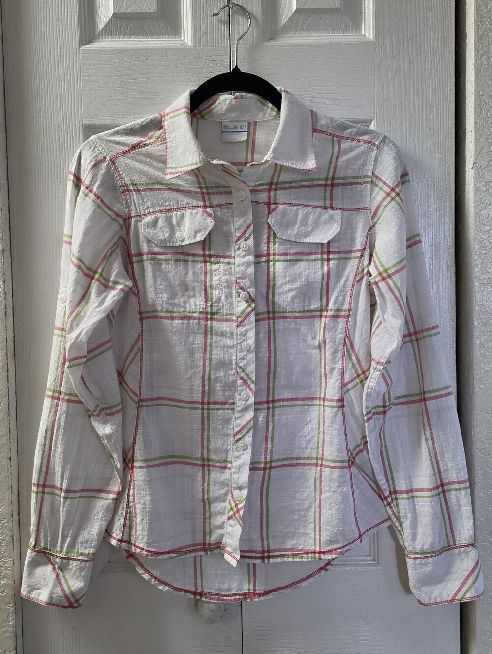 Columbia White Plaid Button-Up Shirt with Pink & Green Stripes